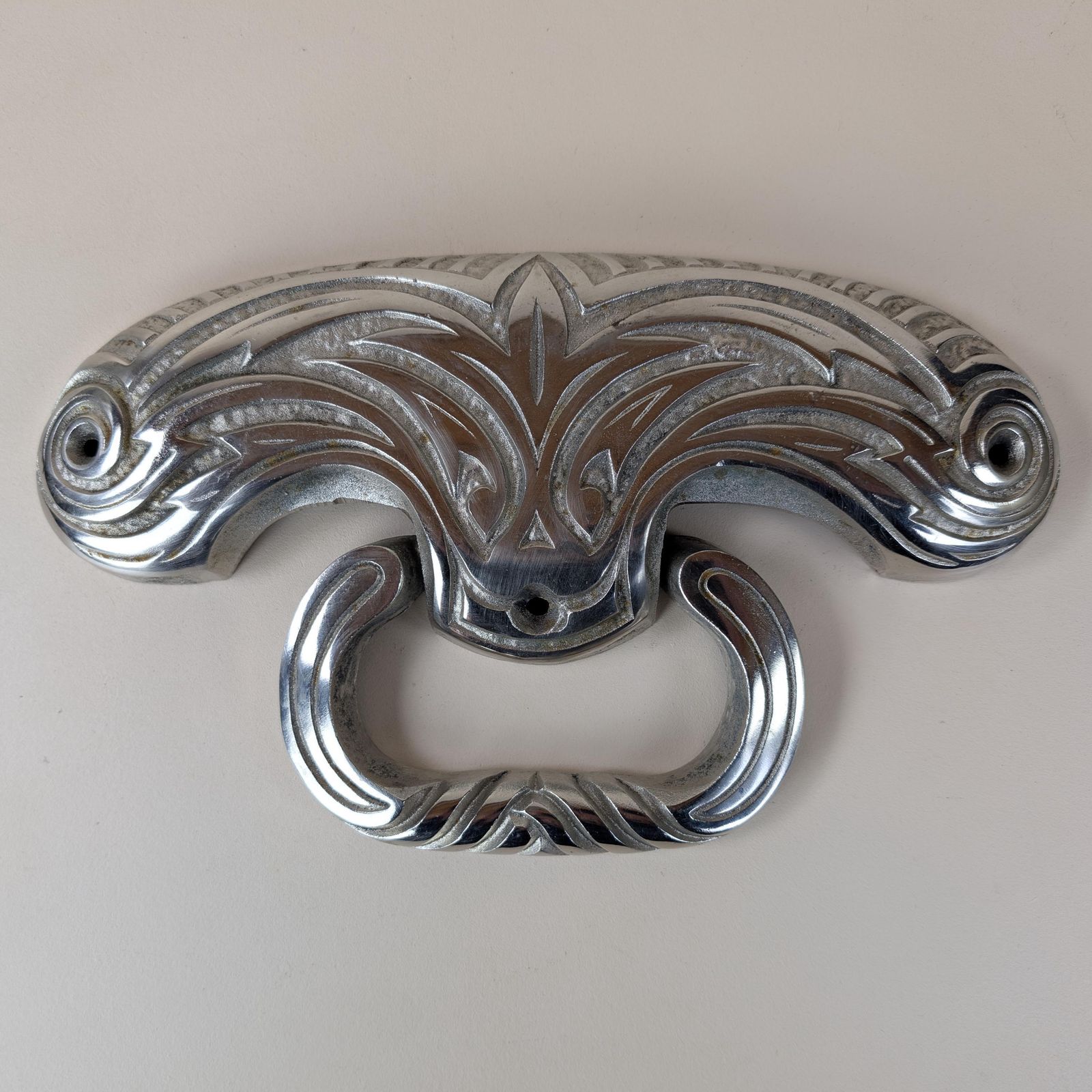 Heavy French Art Deco Chrome Cast Metal Door Knocker Jcr Depose Front Door C. 1920 photo for sale