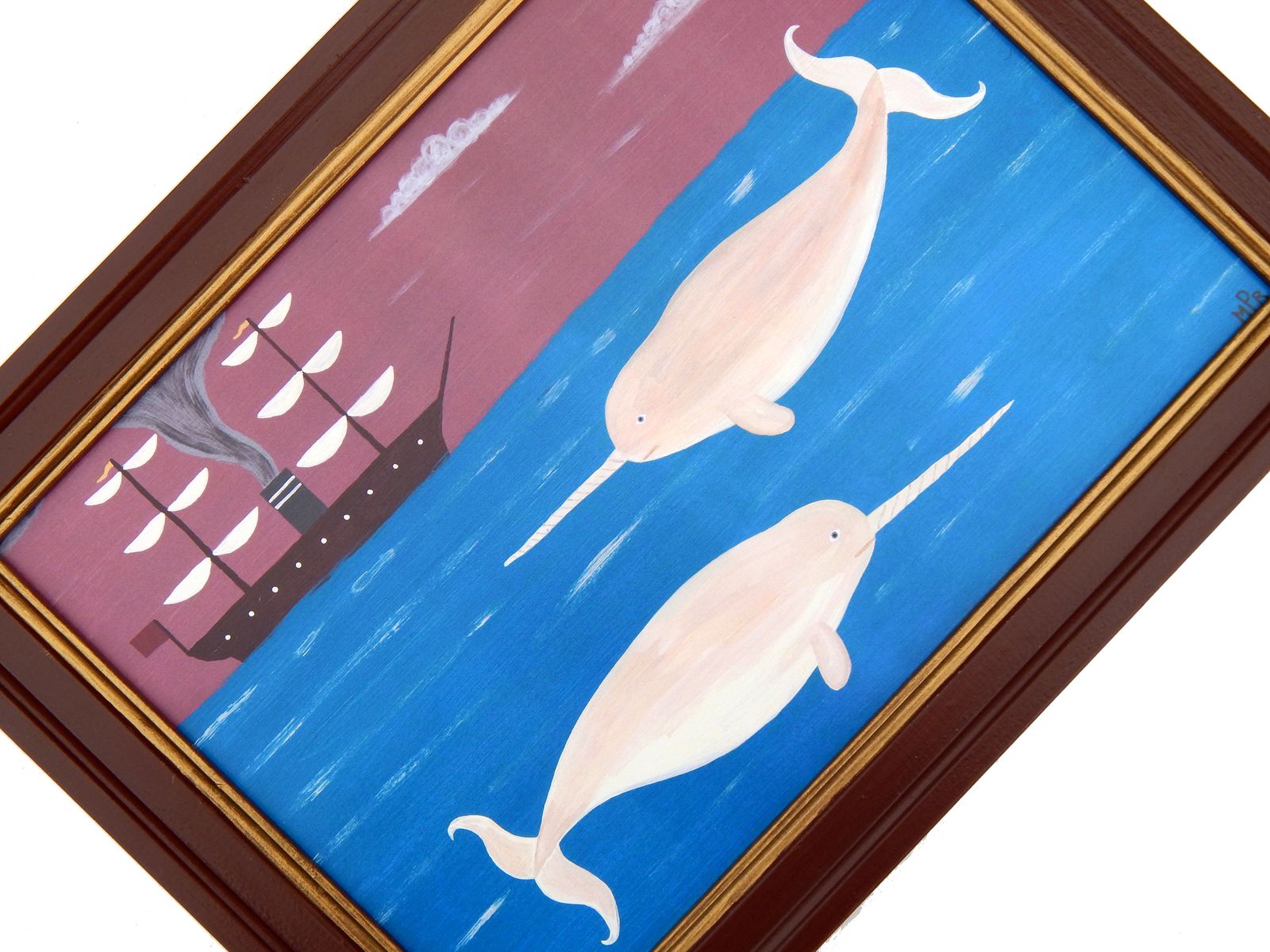 Naive Narwhal Whales Folk Art Print Early Steamship Hand Painted Frame photo furniture
