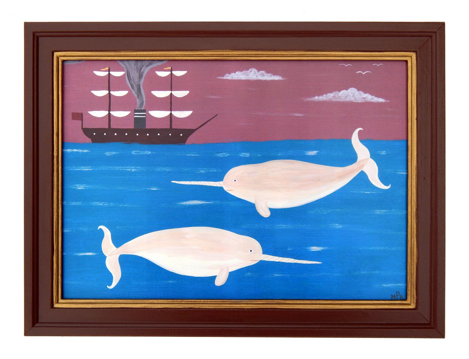 Naive Narwhal Whales Folk Art Print Early Steamship Hand Painted Frame