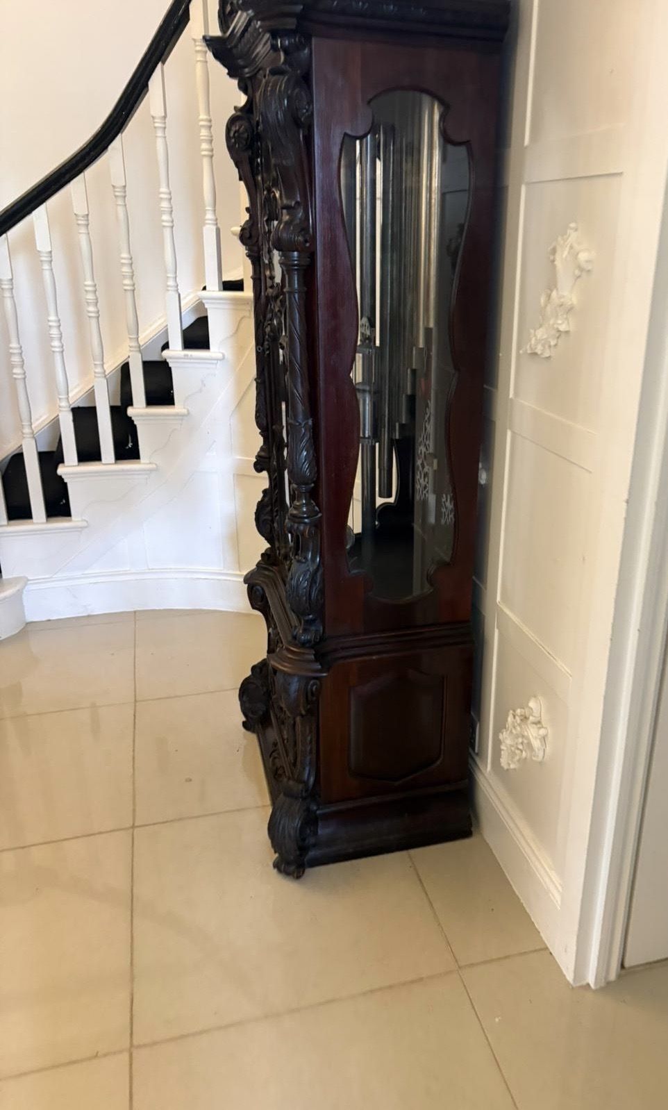 photo vintage Antique Exhibition Quality Carved Mahogany Nine Tube Chiming Longcase Clock