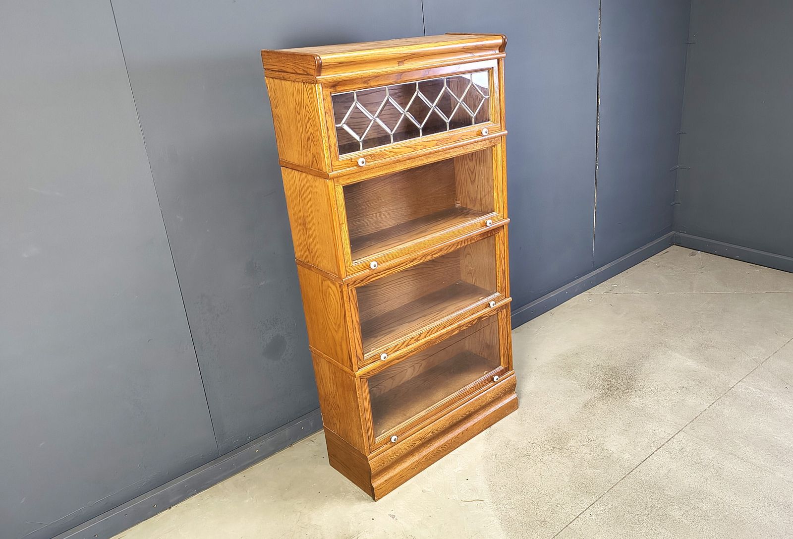 Four Tier Oak Barrister Style Bookcase With Leaded Glass photo vintage