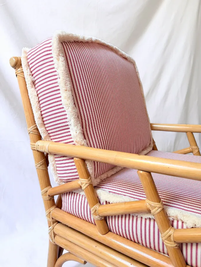 Pair Of Vintage Cane Armchairs With Striped Cushions And Side Table (Set) photo Furniture