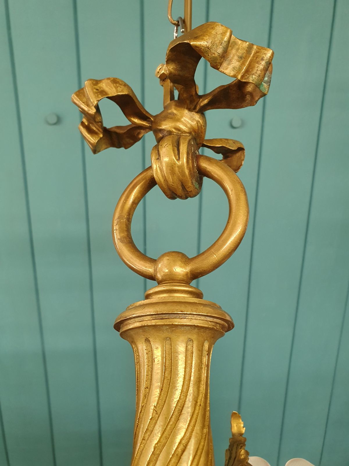 Brass And Glass Chandelier With Cherub Arms photo for sale