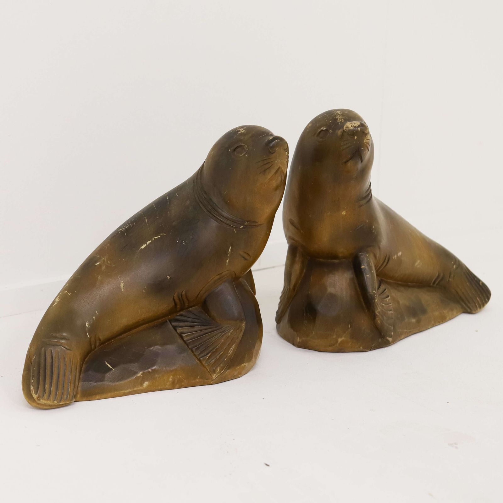 Highly Decorative Pair Of Mid‑Century Seal Sculptures   1950s Carved Figures photo vintage