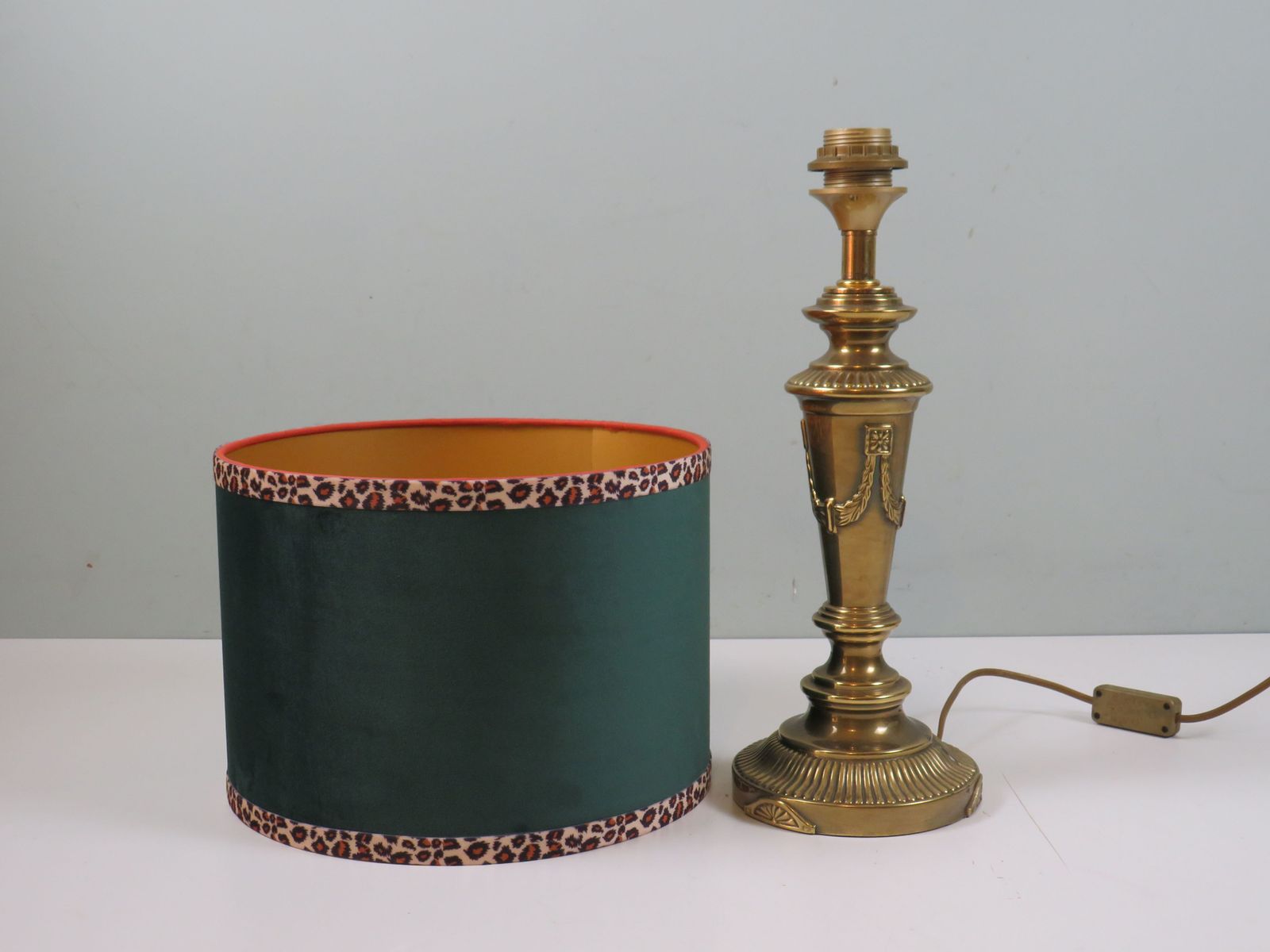 Vintage Brass Table Lamp With Green Velvet Shade And Panther Trim photo Lighting