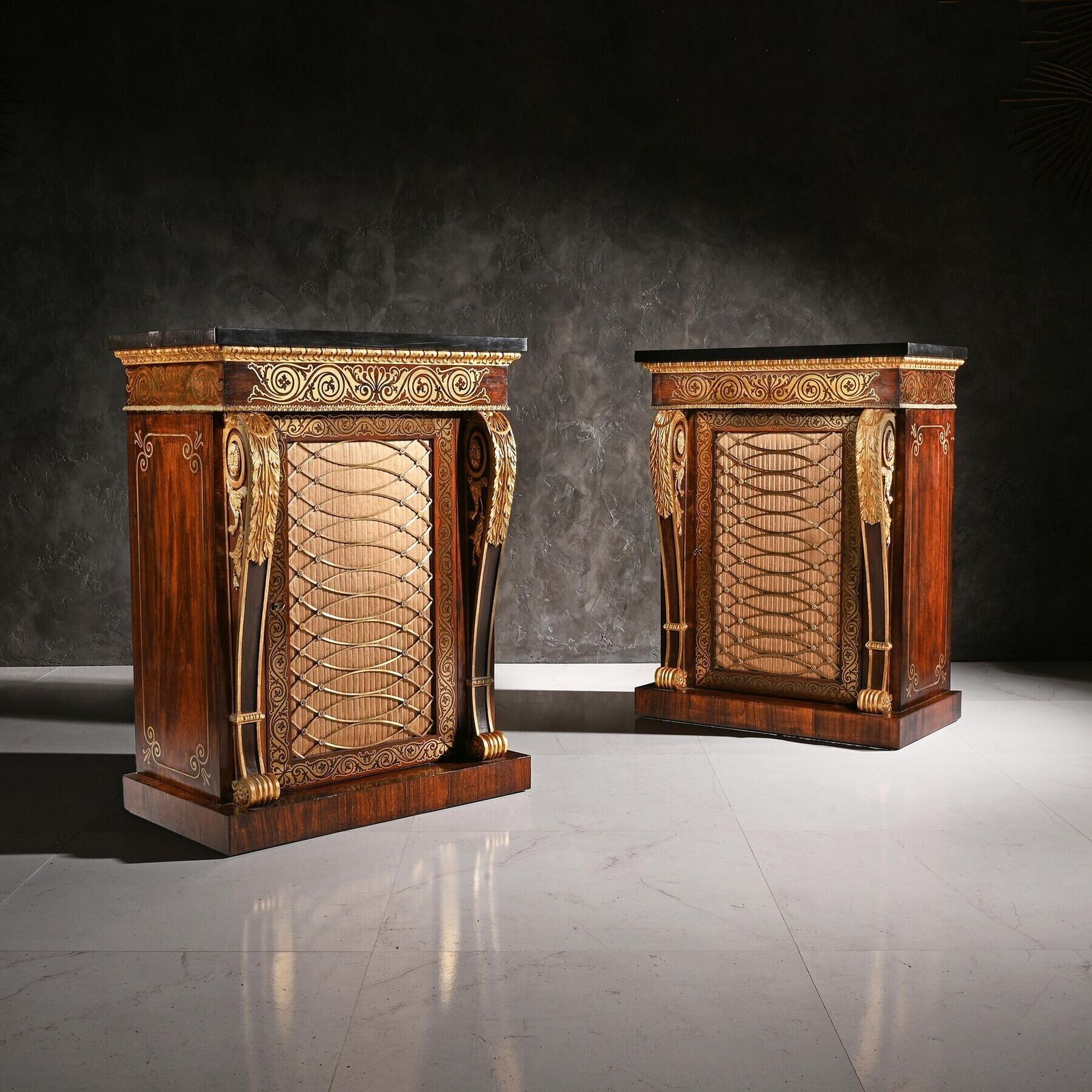 Fine Pair Of Regency Brass Inlaid Side Cabinets Attributed To Louis Constantin Le Gaigneur