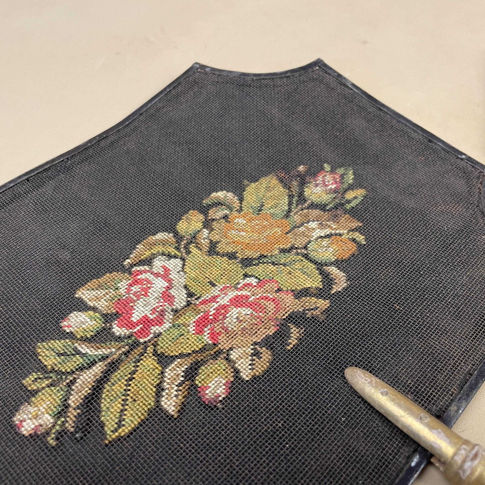 Pair Antique Face Screens Handheld Embroidered Floral Heat Protector Black Gold Handle Ladies Accessory photo vintage
