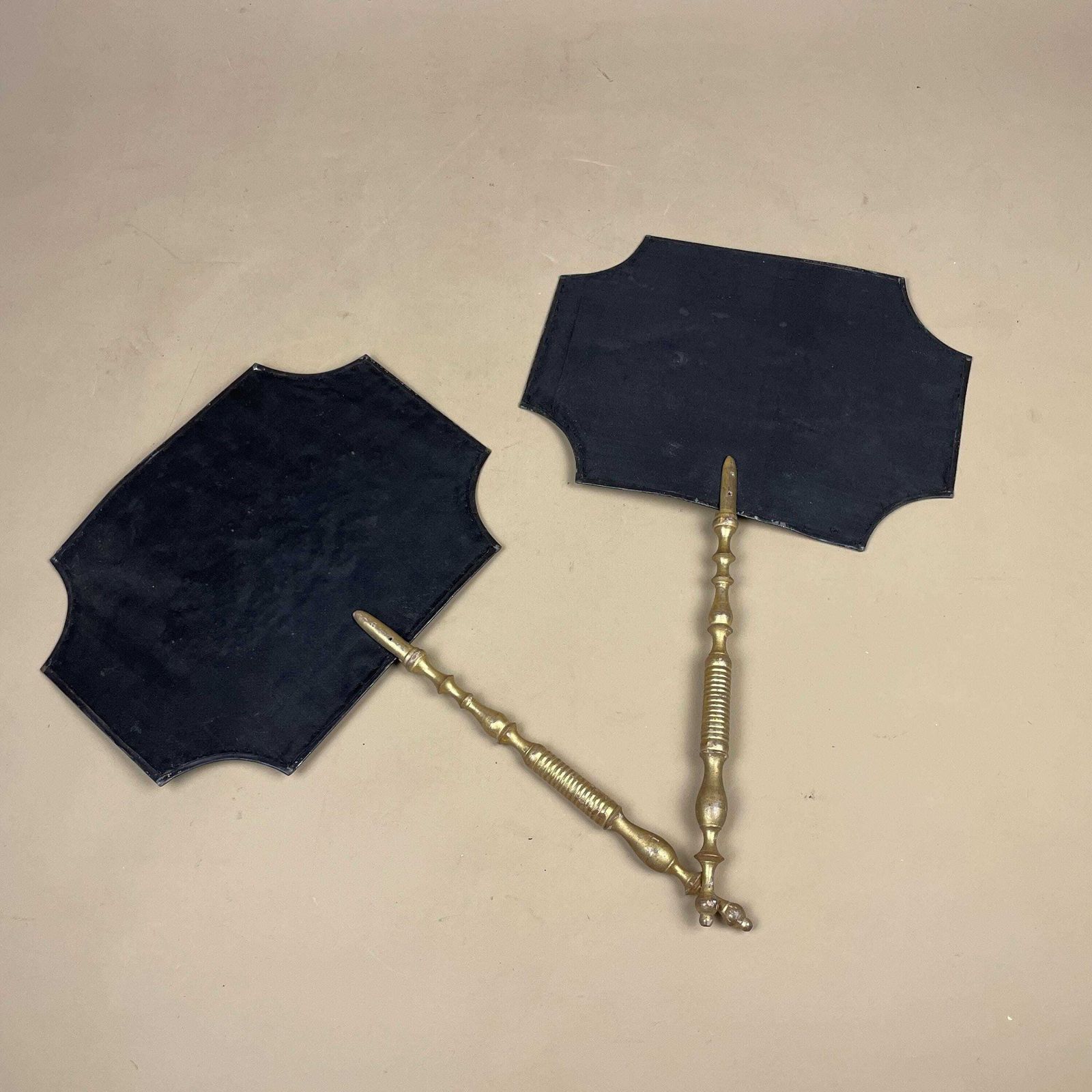 photo for sale Pair Antique Face Screens Handheld Embroidered Floral Heat Protector Black Gold Handle Ladies Accessory