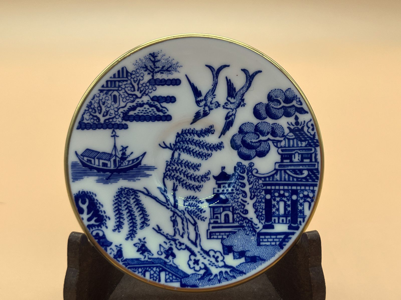 photo for sale Coalport China Blue Willow Miniature Display Tea Set. Teapot, Creamer, Sugar, Tea Cup, Saucer & Side Plate Trio.