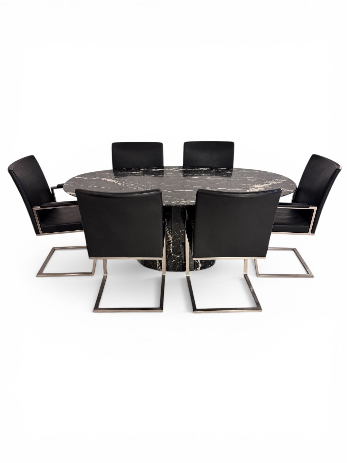 Italian Black Marble Dining Suite With Leather Cantilever Bauhaus Chairs photo furniture