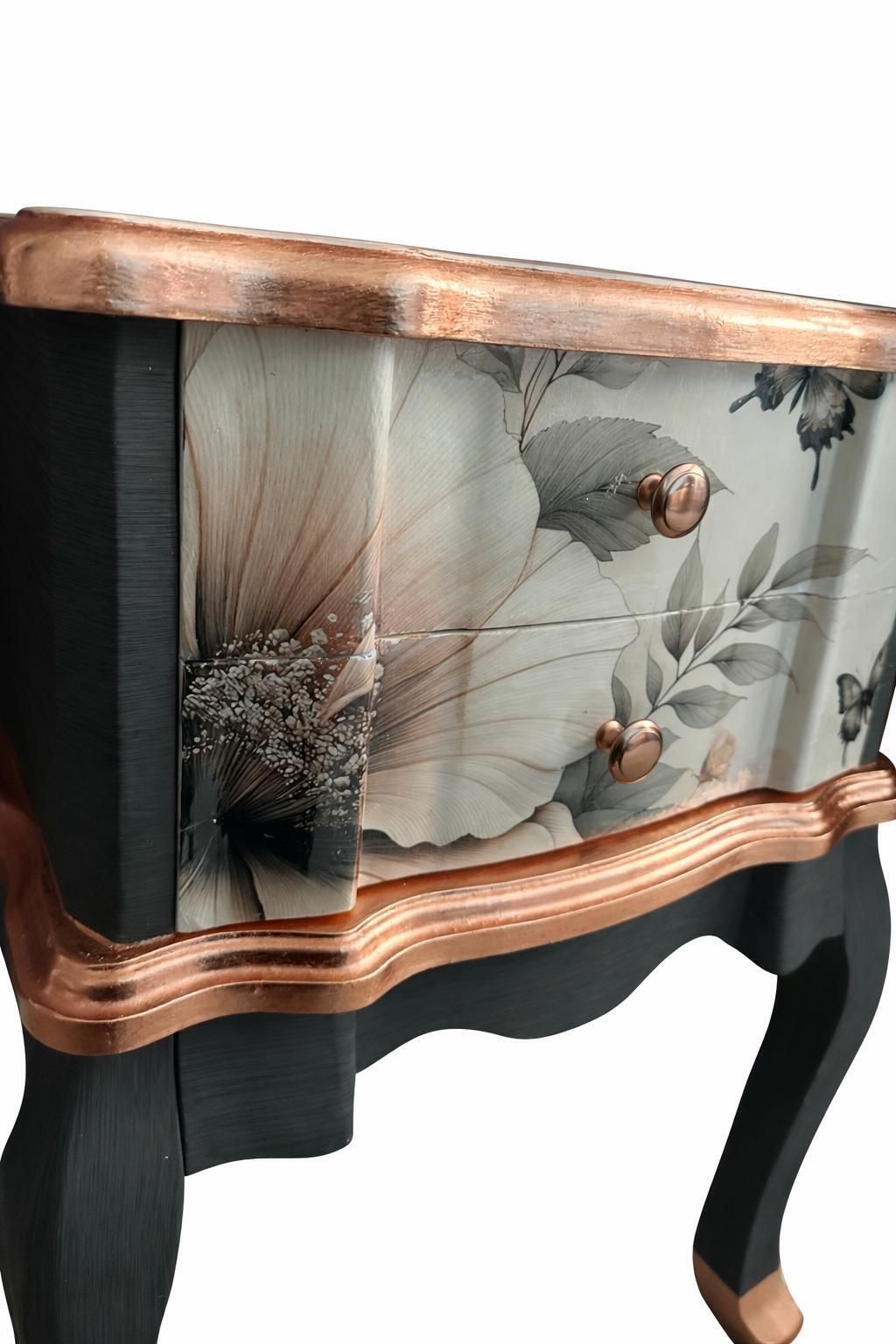 Refurbished Vintage Bedside Tables Pair – Botanical Floral Decoupage, Copper Leaf Detail, Dark Wood Effect Nightstands photo buy