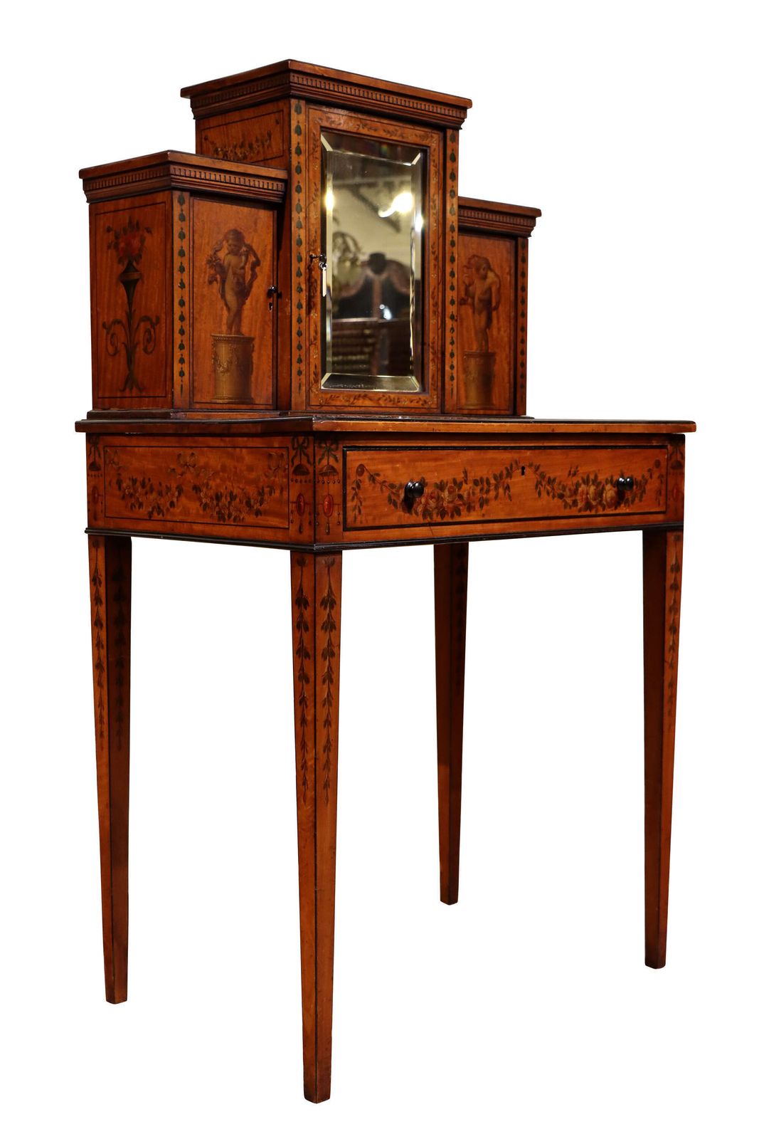 Edwardian Hand Painted Satinwood Ladies Writing Table With Mirrored Superstructure, C.1900 photo furniture