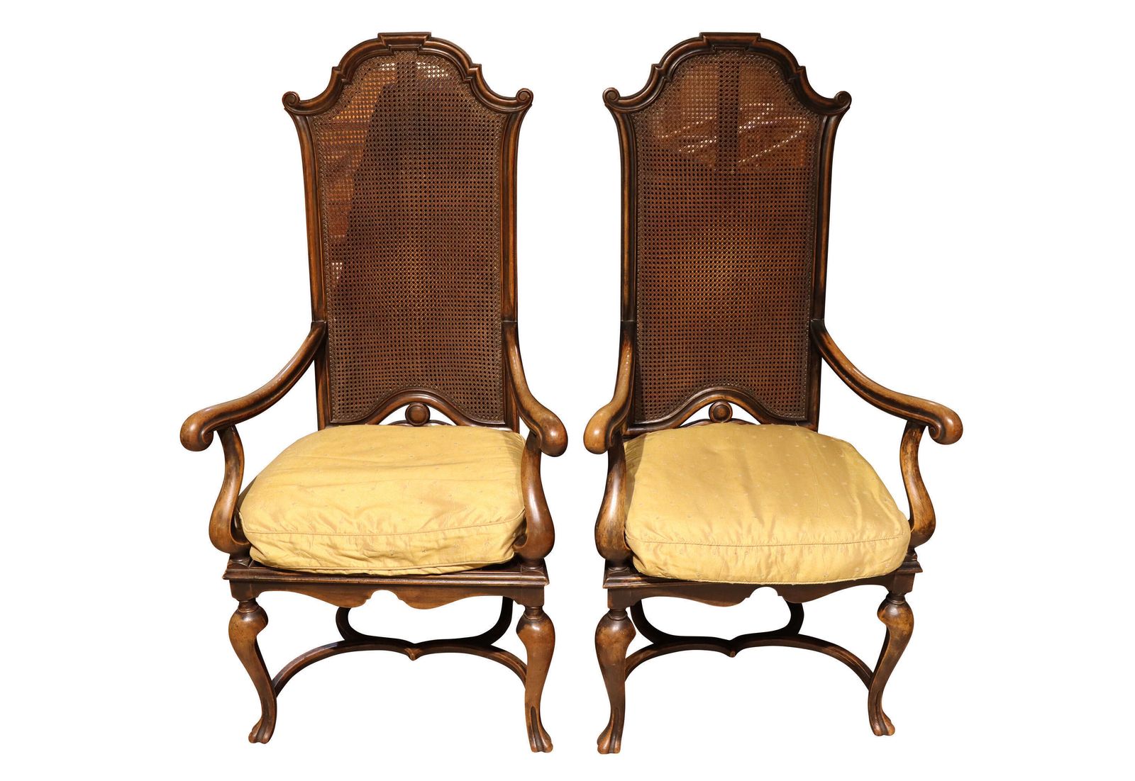 Fine Pair Of William & Mary Style Walnut High Back Caned Armchairs, C.1900 photo furniture