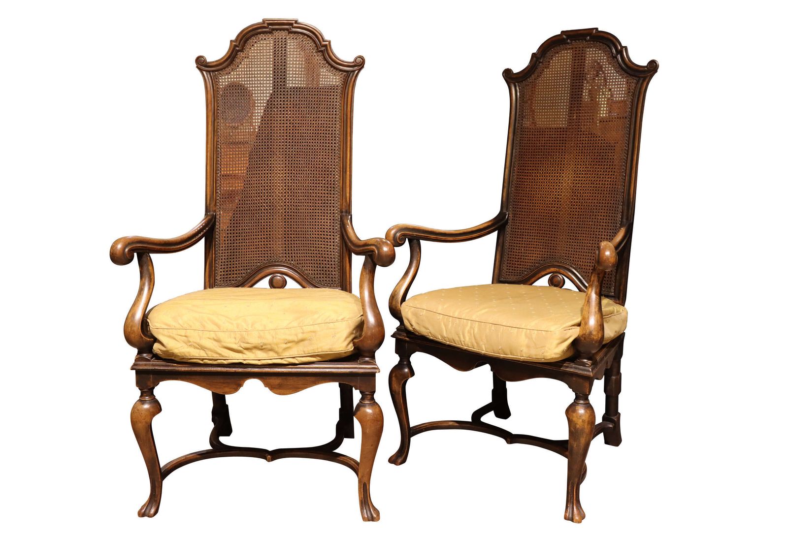 Fine Pair Of William & Mary Style Walnut High Back Caned Armchairs, C.1900 photo for sale