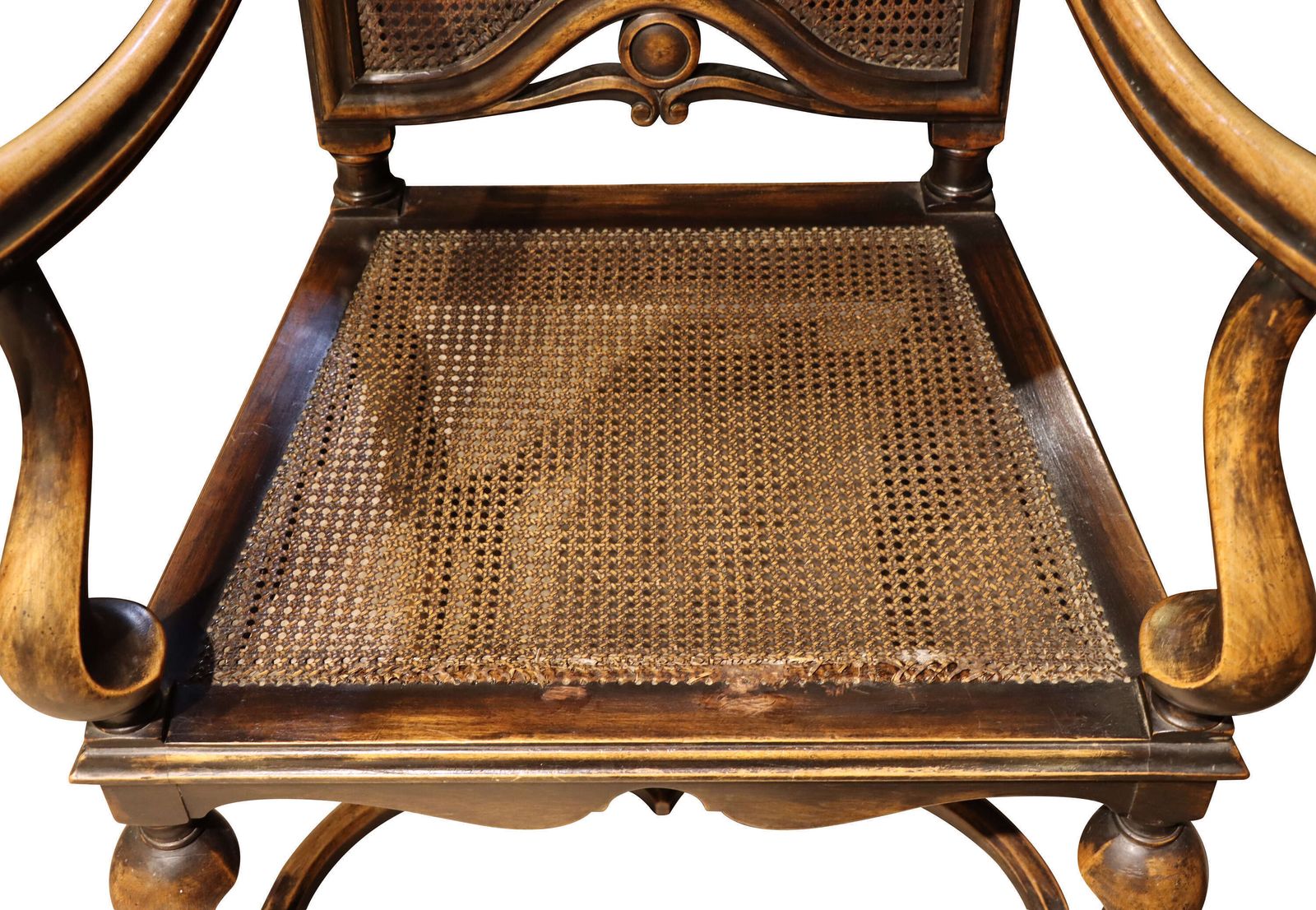 Fine Pair Of William & Mary Style Walnut High Back Caned Armchairs, C.1900 photo vintage
