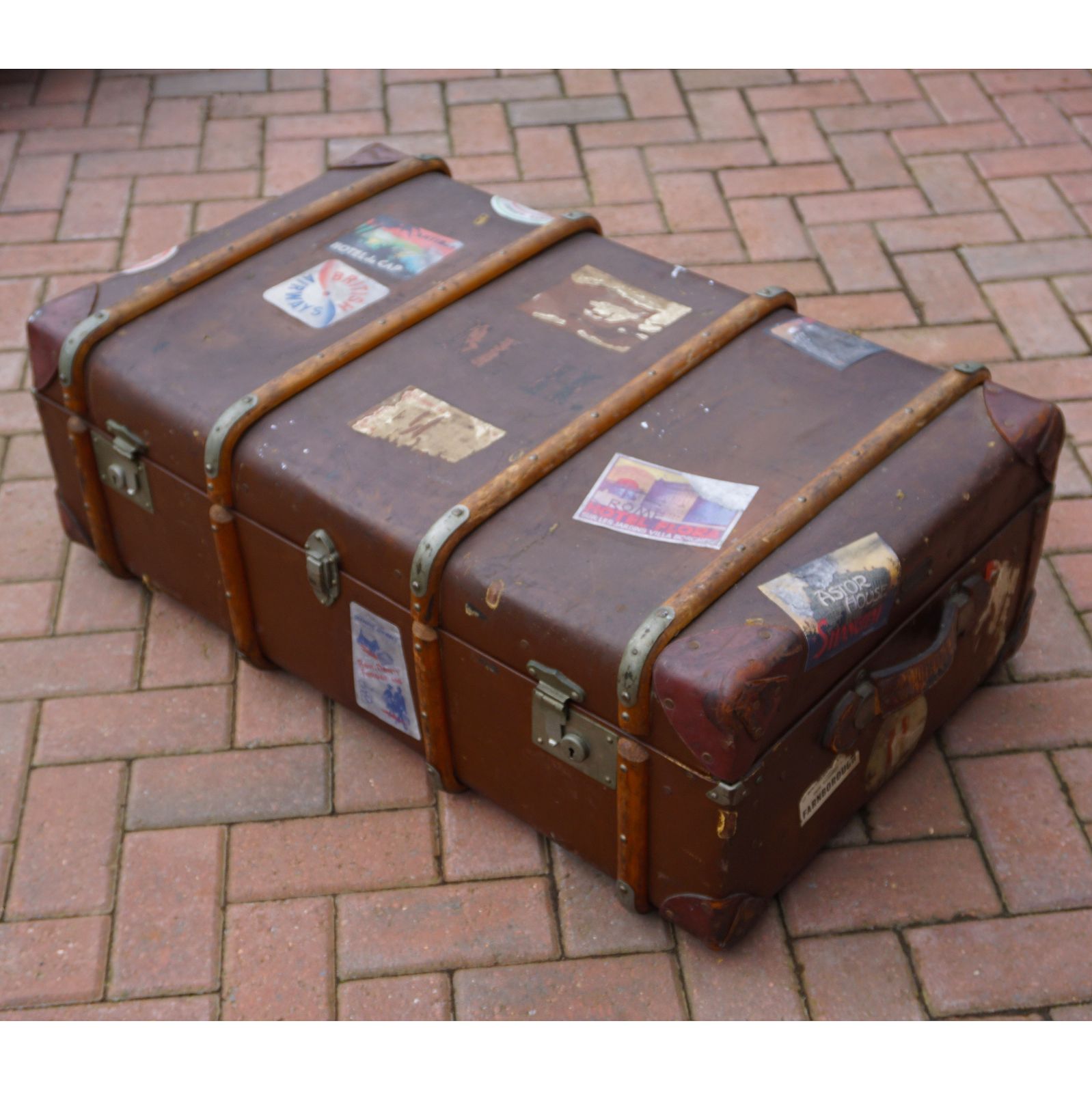 1920s Bentwood Steamer Trunk With Travel Stickers To Use For Prop Or Theatre Dressing