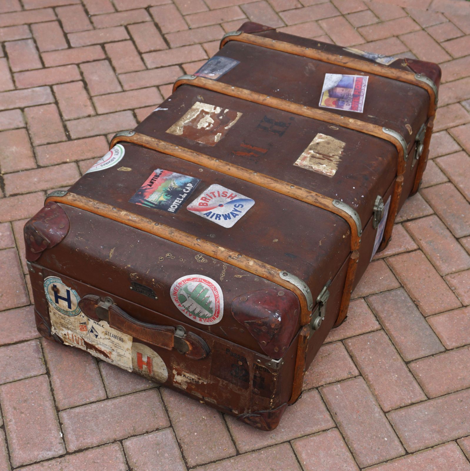 1920s Bentwood Steamer Trunk With Travel Stickers To Use For Prop Or Theatre Dressing photo for sale