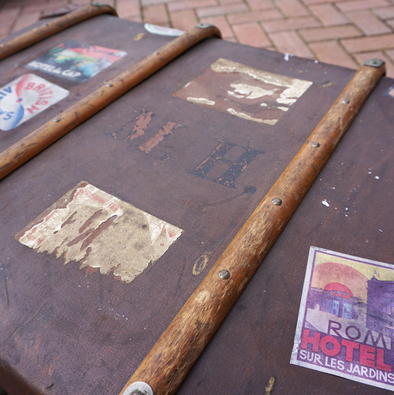 1920s Bentwood Steamer Trunk With Travel Stickers To Use For Prop Or Theatre Dressing photo vinterior