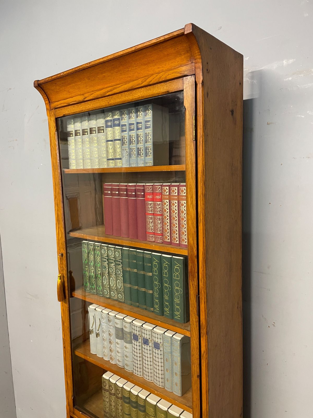 Arts And Crafts Golden Oak Slim Bookcase Over Cupboard photo for sale