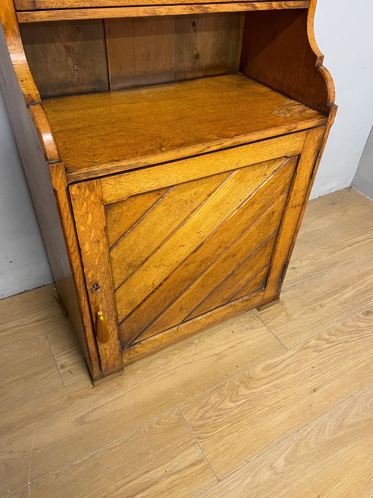 Arts And Crafts Golden Oak Slim Bookcase Over Cupboard photo Furniture
