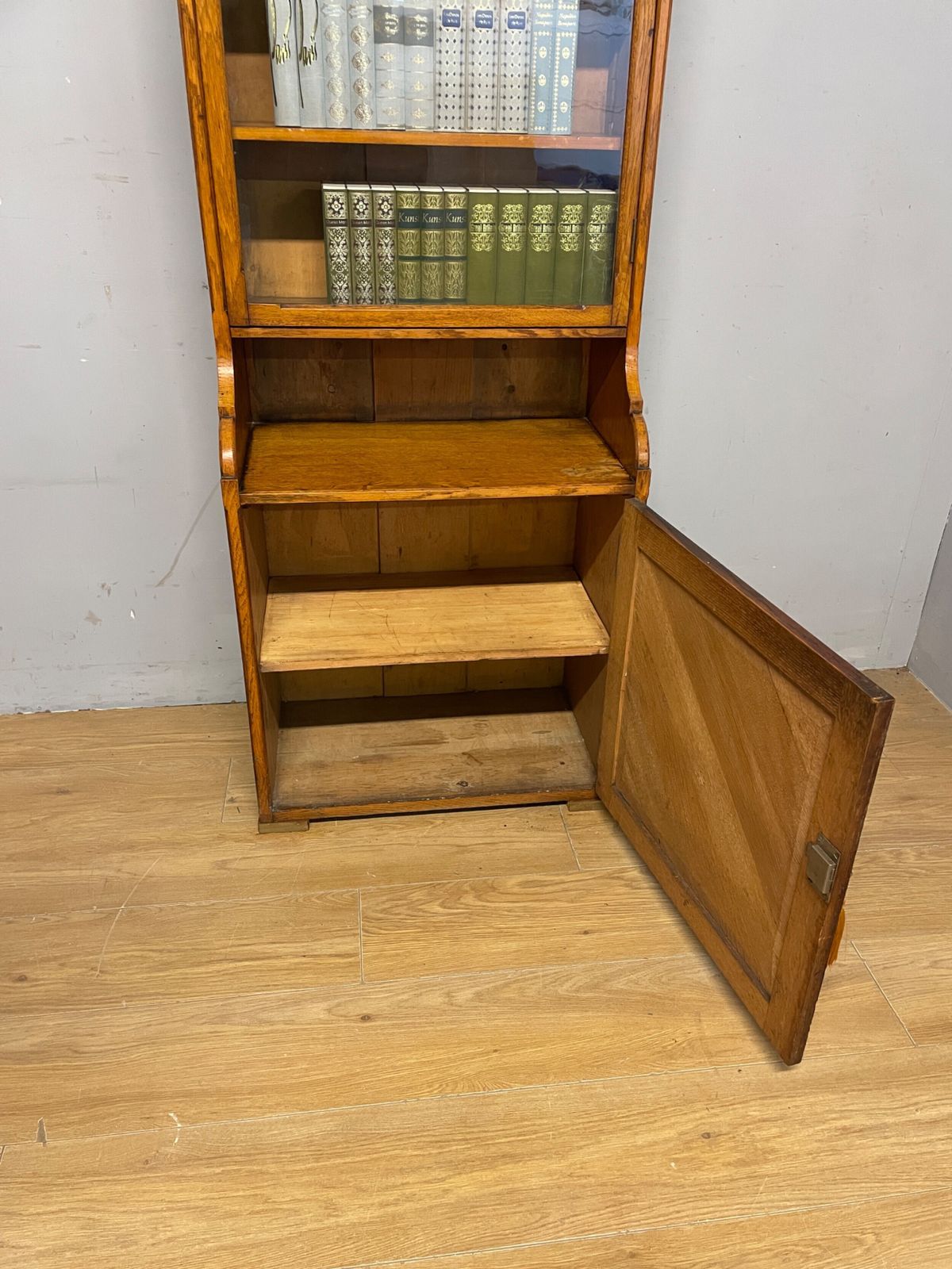 Arts And Crafts Golden Oak Slim Bookcase Over Cupboard photo buy