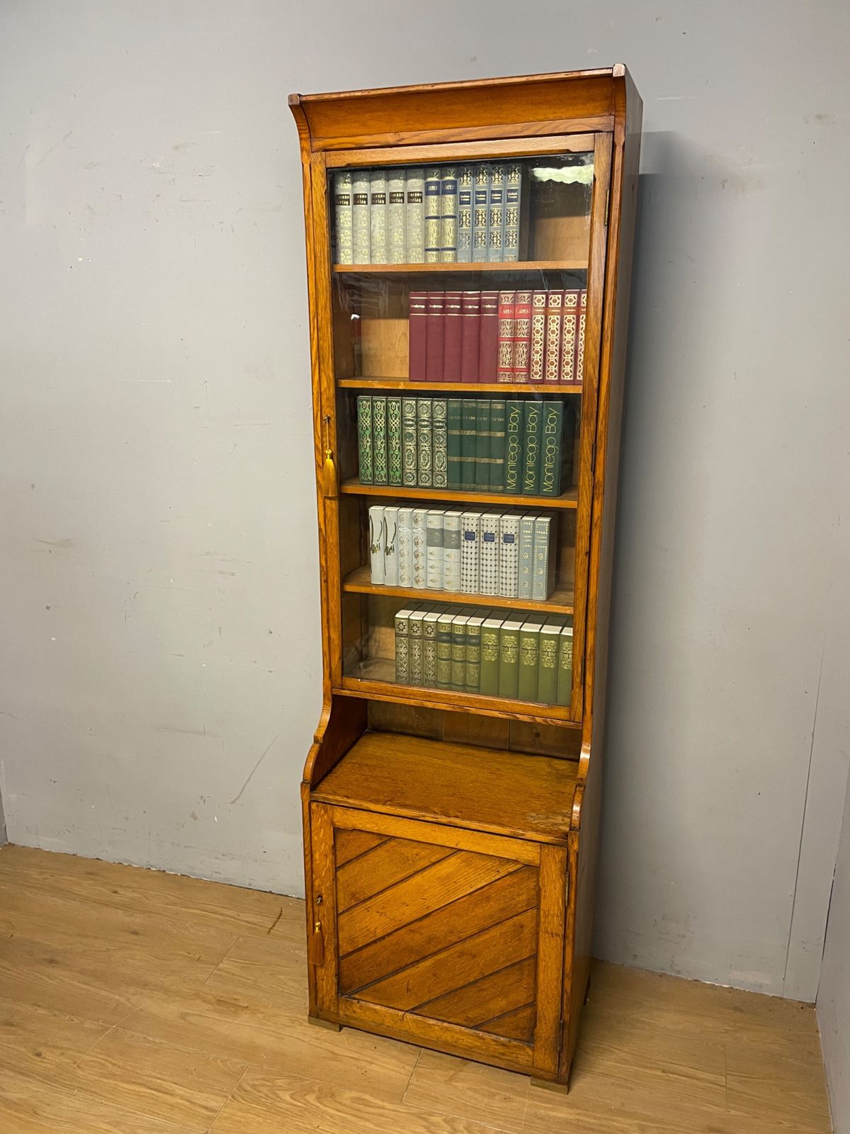 Furniture Arts And Crafts Golden Oak Slim Bookcase Over Cupboard photo