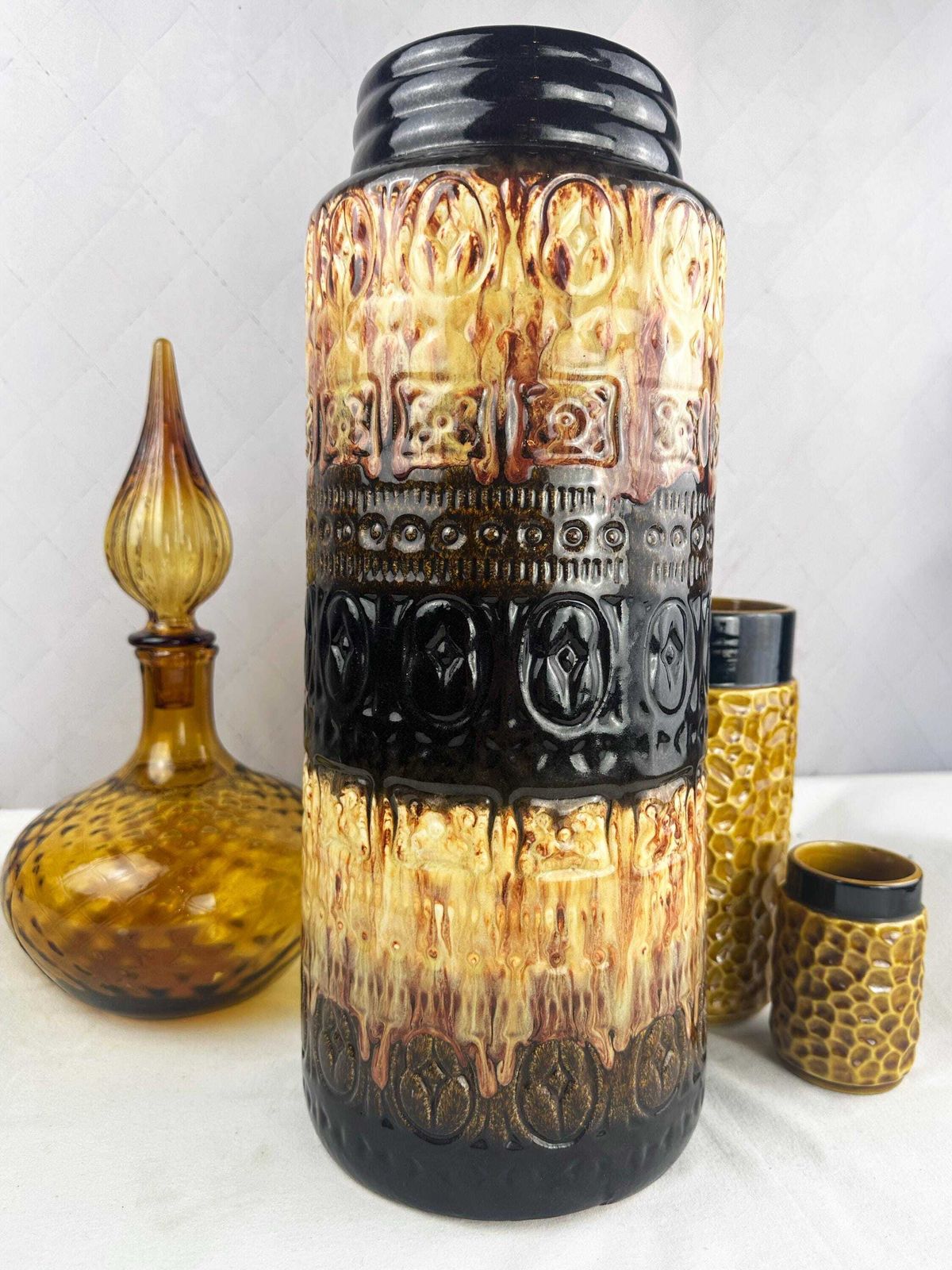 Large West German Pottery Floor Vase, Mid Century Geometric Cream Chocolate Brown, Scheurich 1970s photo 85.0