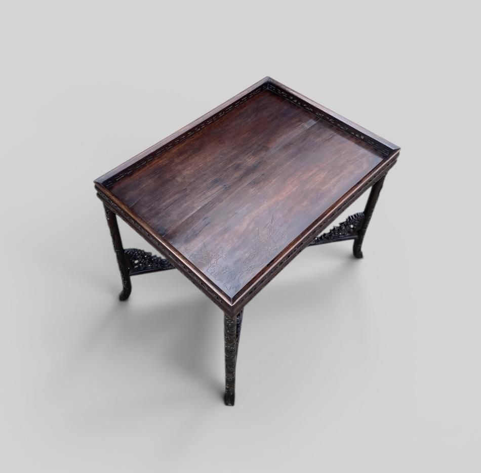 photo furniture Antique Chinese Carved Padauk Tray On Stand