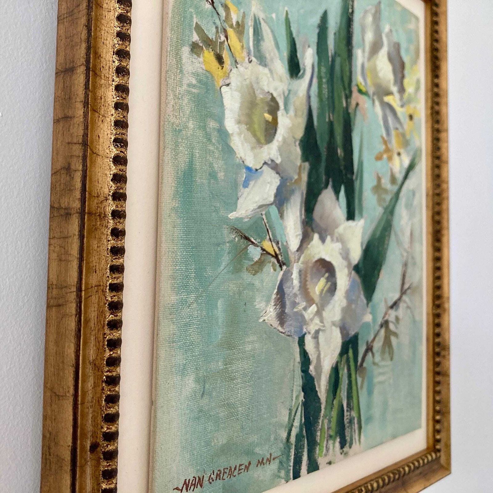 Daffodils Oil Painting – Nan Greacen Impressionist Floral Still Life, Framed Canvas photo buy