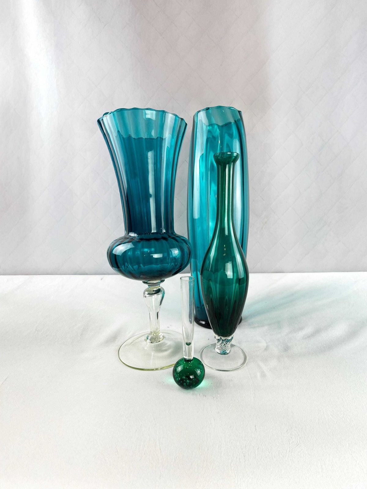 Mid Century Empoli Glass Vases: Aqua Marine, Teal, Emerald Tones (Set Of 4)