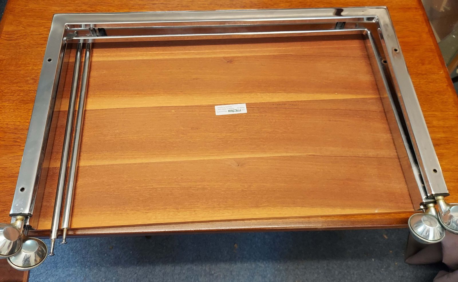 photo furniture Mcm Howard Miller Smoke Glass Metal Teak Coffee Table On Wheels