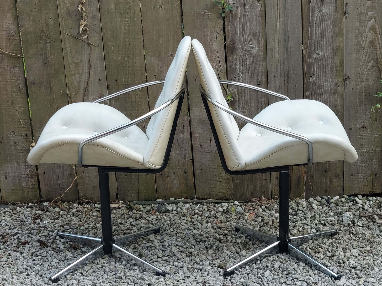 Mid Century Modern Pair Atomic Style Cream Vinyl Swivel Chairs photo buy