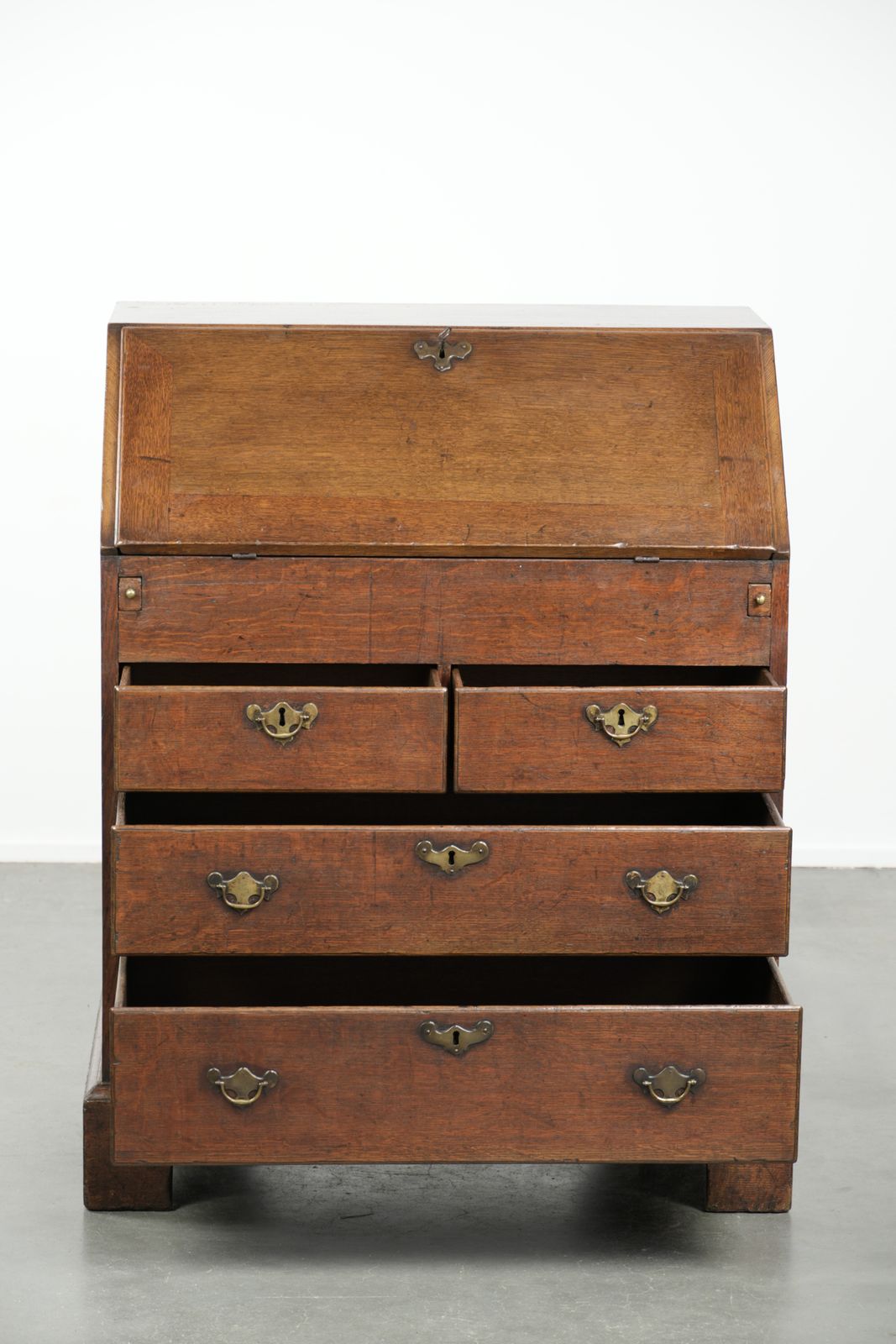 Subtle Antique English Oak Secretary Desk From The 18th Century With A Beautiful Stepped Interior. photo Furniture