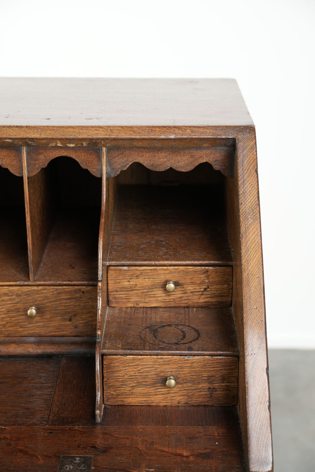 Furniture Subtle Antique English Oak Secretary Desk From The 18th Century With A Beautiful Stepped Interior. photo