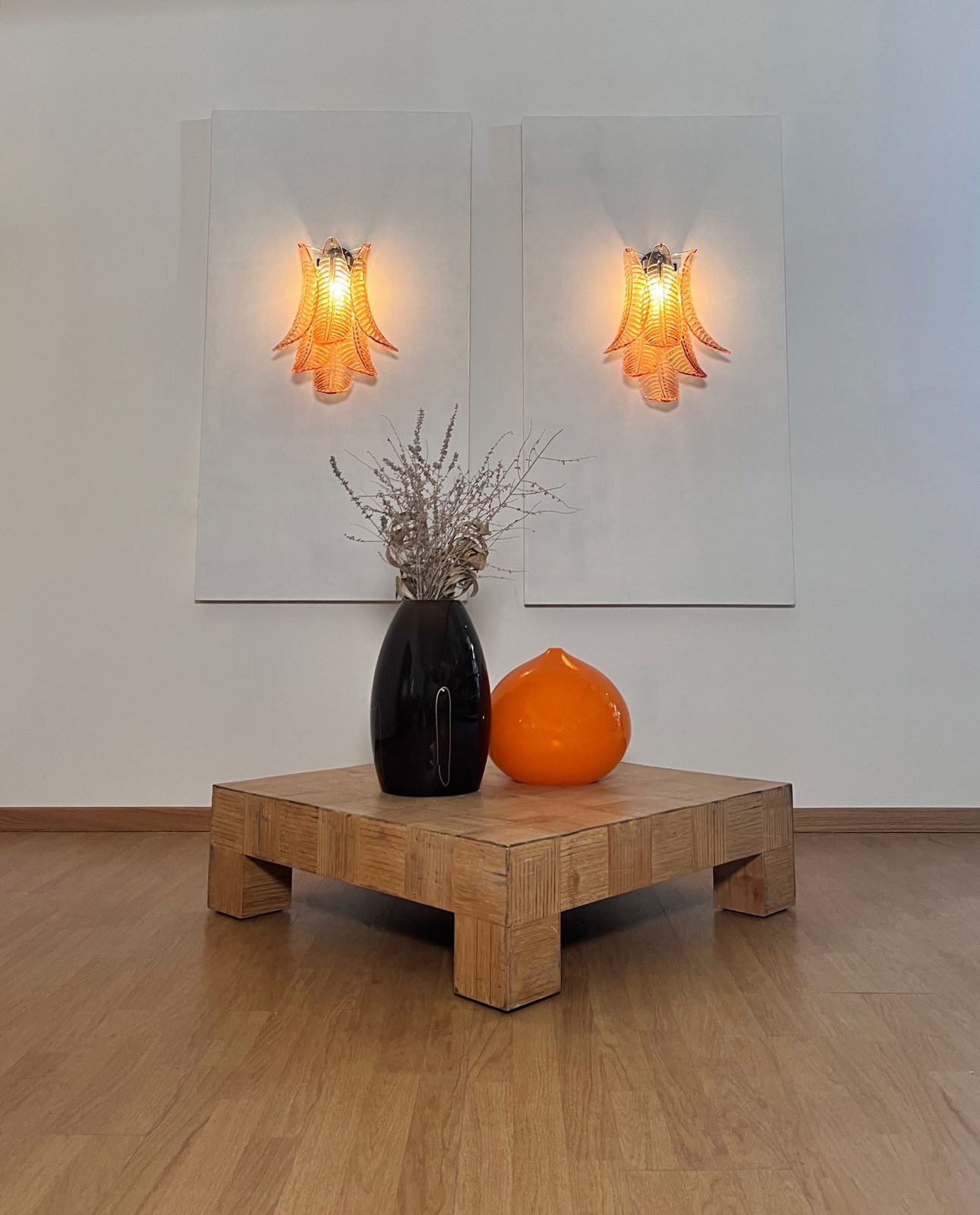 photo for sale Pair Of Vintage Murano Amber Felci Glass Wall Sconces