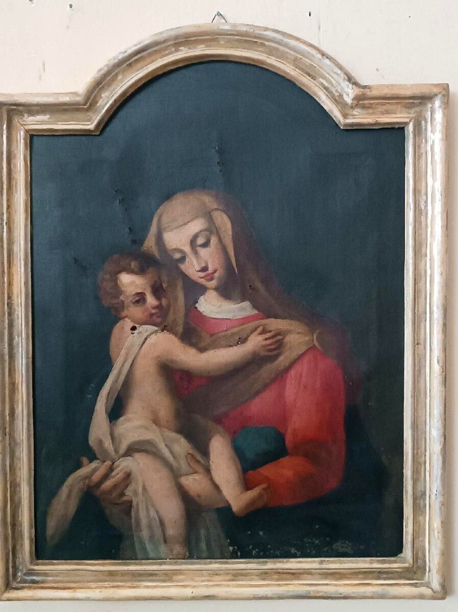 Antique Oil Painting On Canvas, "Virgin Mary And Child" photo furniture