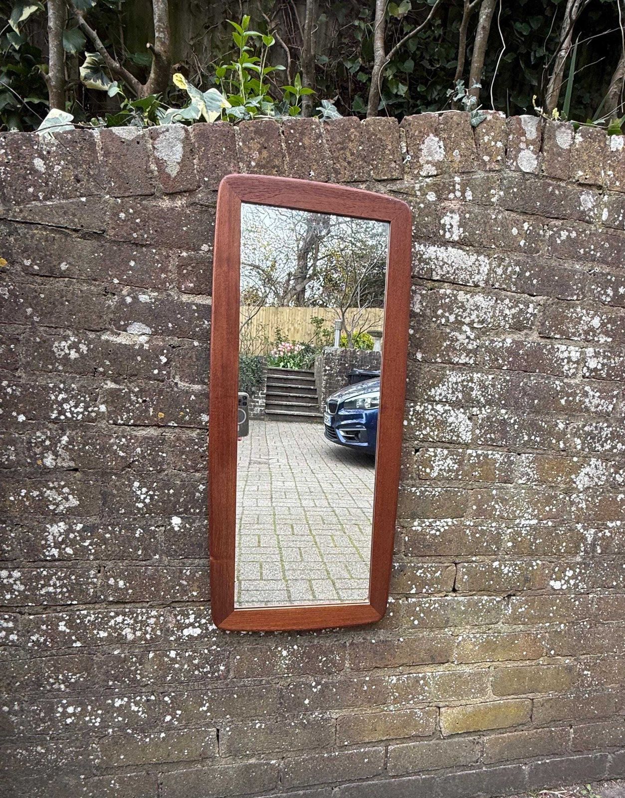 Mid Century Teak Wall Mirror, 1960s Danish Style Rectangular Mirror, Vintage Wooden Frame Mirror, Retro Home Decor