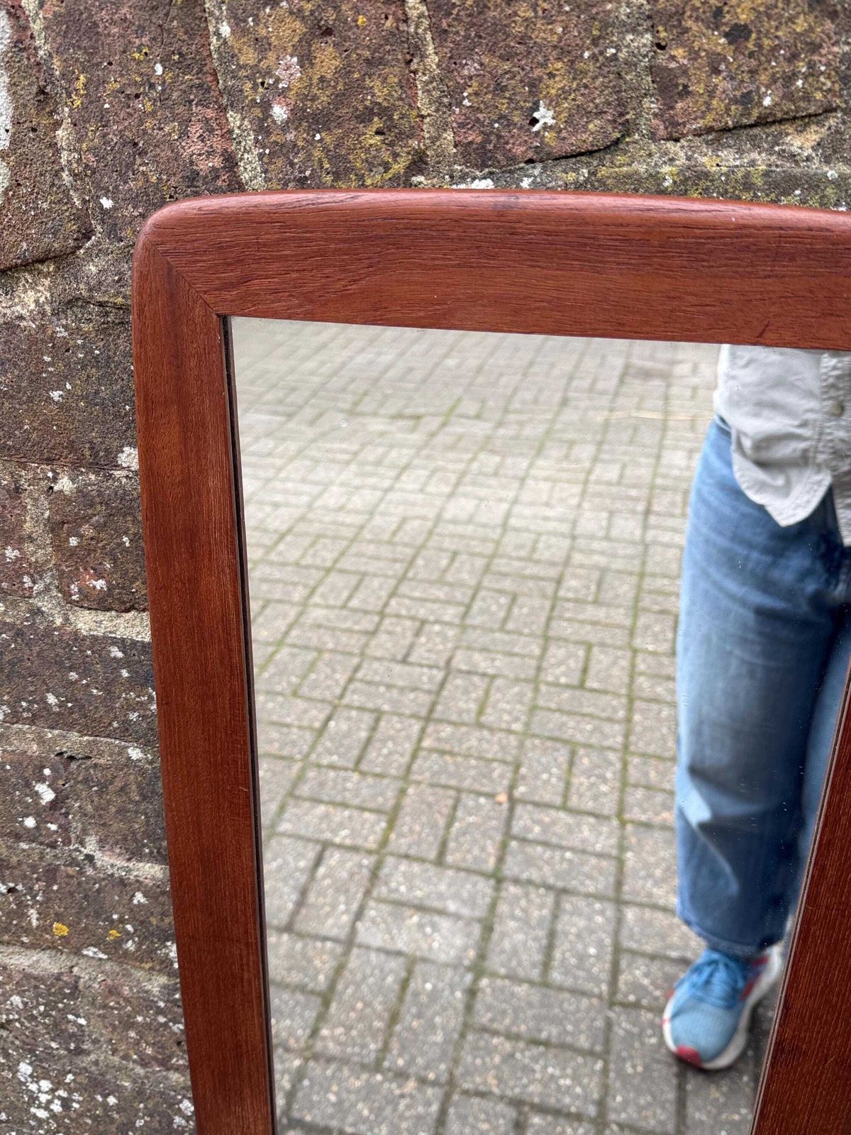 Mid Century Teak Wall Mirror, 1960s Danish Style Rectangular Mirror, Vintage Wooden Frame Mirror, Retro Home Decor photo vinterior