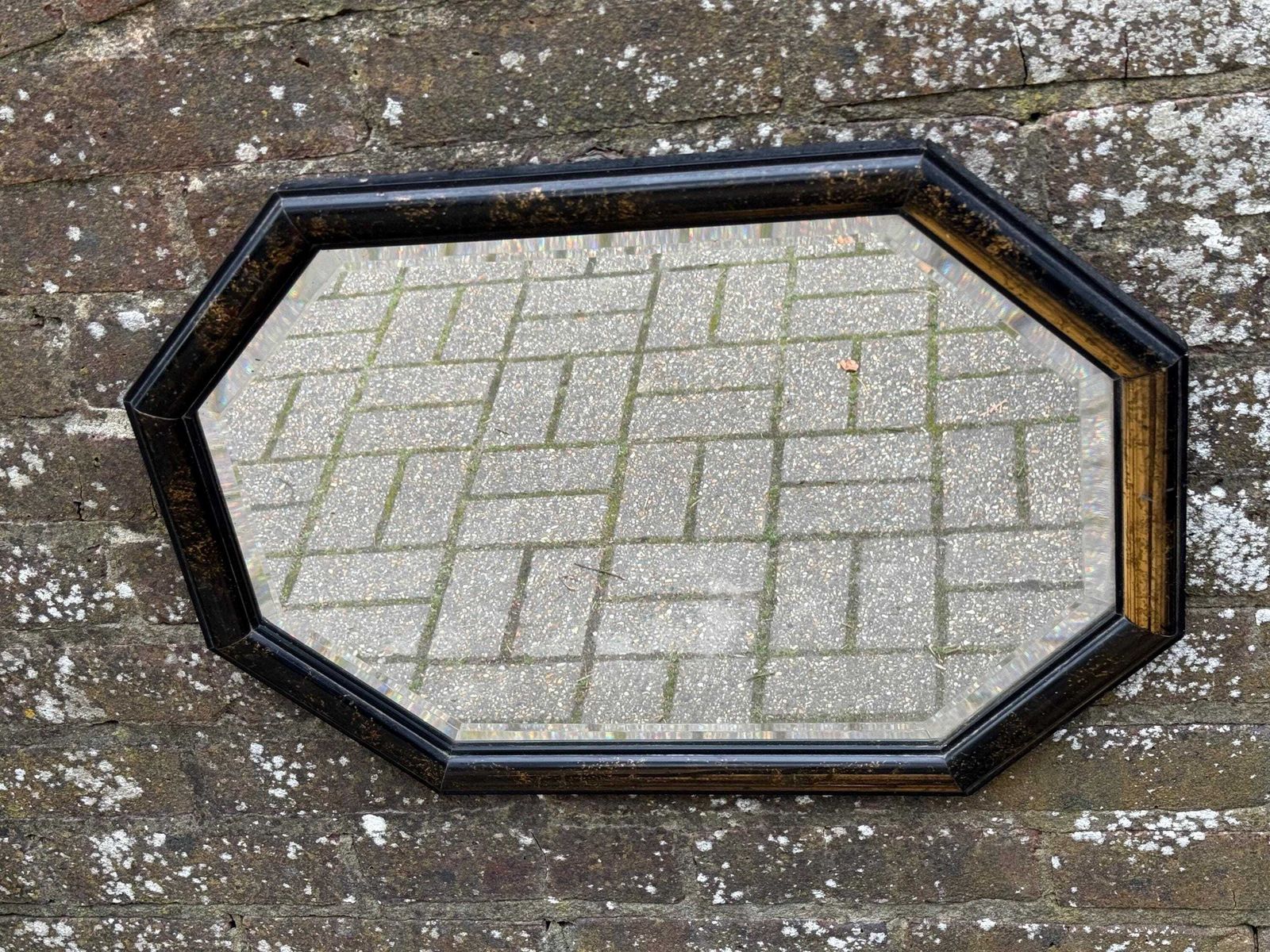 photo buy 1970s Vintage Octagonal Wall Mirror, Black & Gold Resin Frame, Bevelled Glass, Retro Geometric Decor