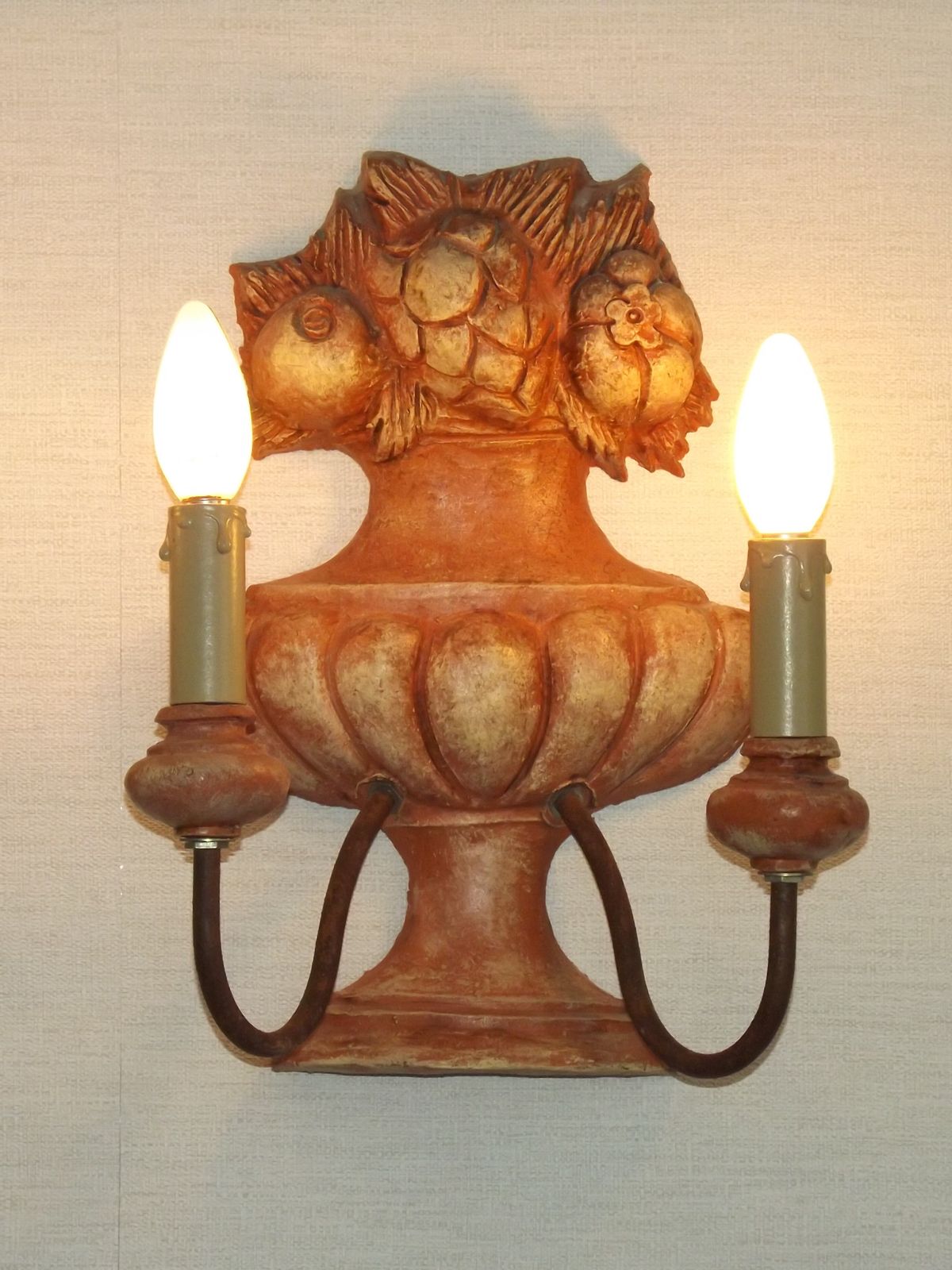 Rare Large Pair French Terracotta Urn Wall Lights Fruit Basket Double Sconces photo vintage
