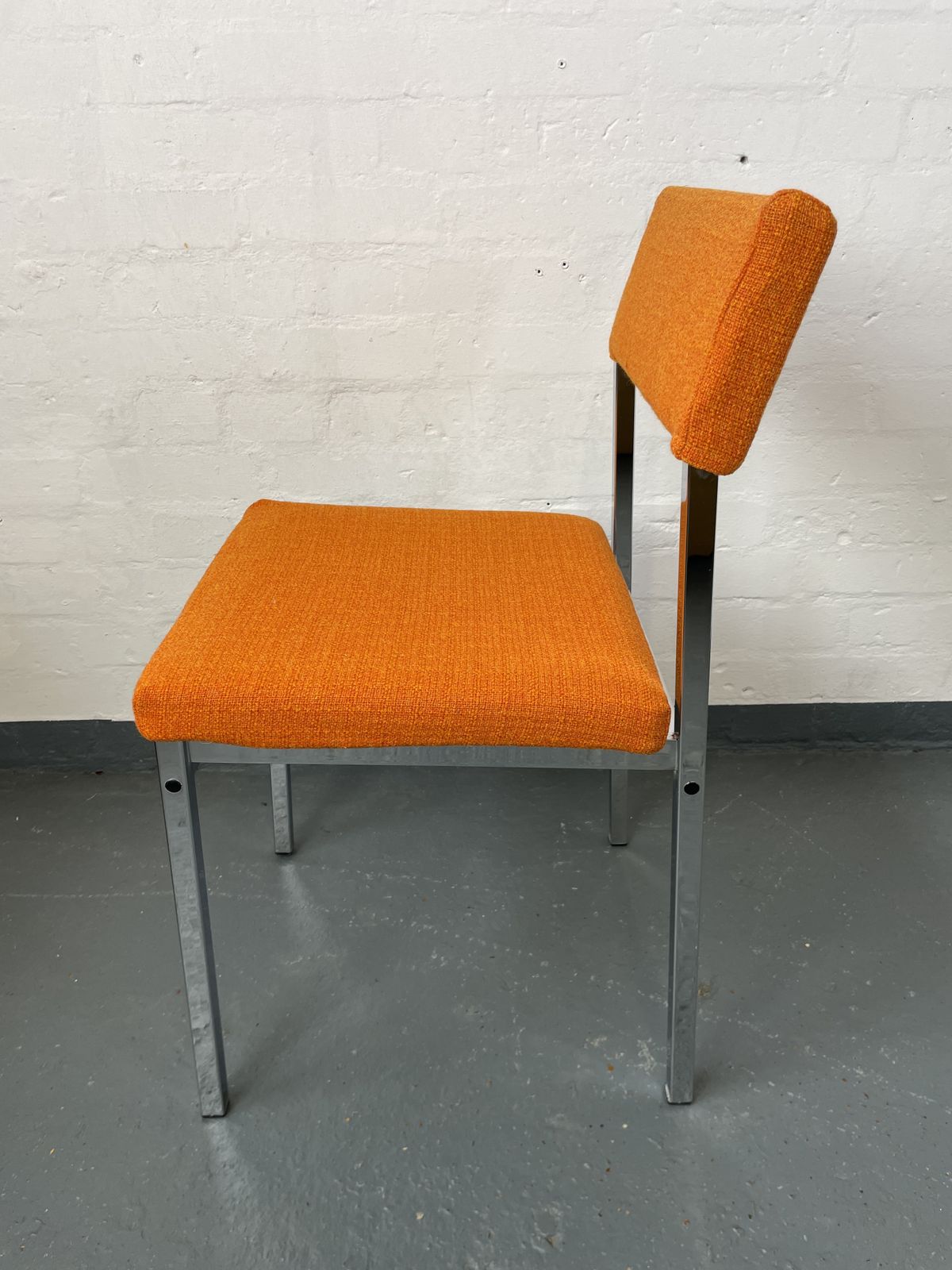 photo for sale Pair Of Vintage Orange Upholstered Chairs With Chrome Frame | Mid Century Modern Designer Style Seating