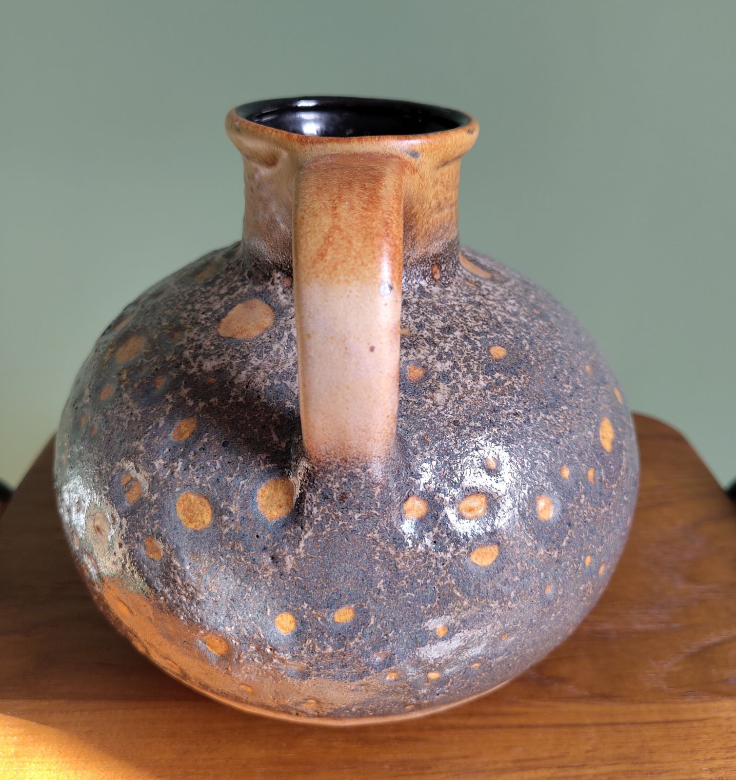 Jasba 30113‑18 Mid‑Century Fat Lava Vase (18 Cm) — Ochre & Grey Volcanic Glaze, Cinematic Retro‑Sci‑Fi Aesthetic photo for sale