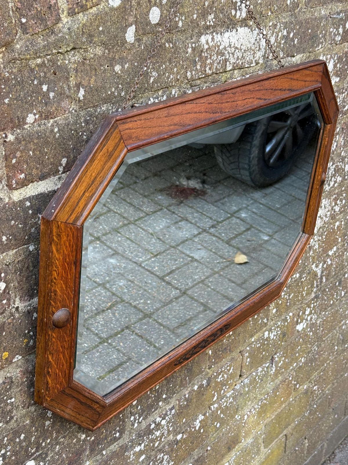 Vintage Oak Wall Mirror – Bevelled Glass, Octagonal Frame With Metal Inlay Detail – Early 20th Century (1920s 30s) photo for sale
