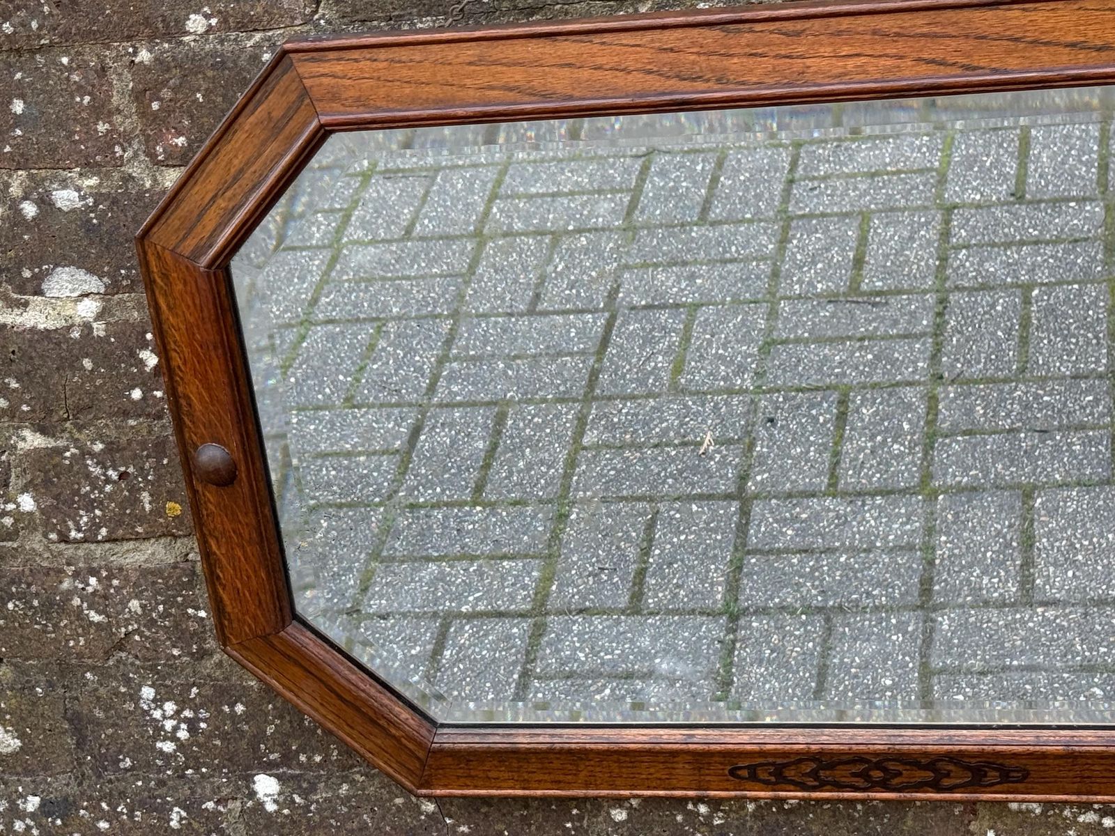 Vintage Oak Wall Mirror – Bevelled Glass, Octagonal Frame With Metal Inlay Detail – Early 20th Century (1920s 30s) photo buy