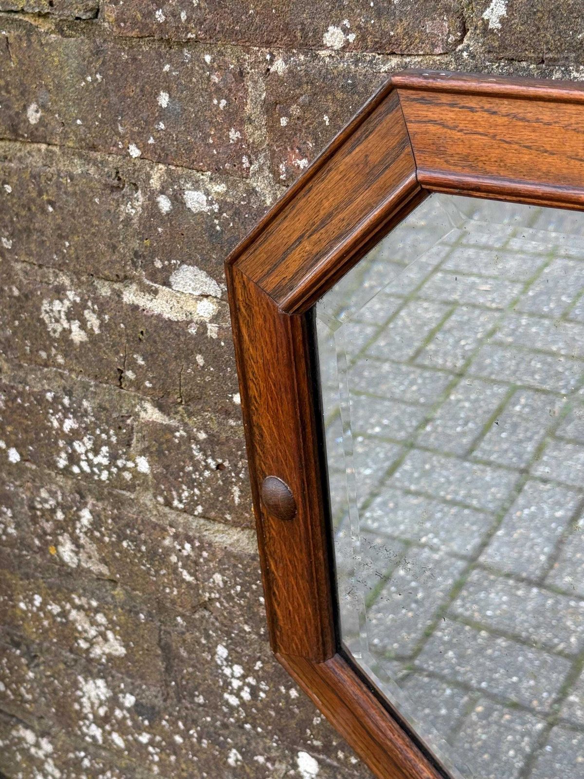Home Decor Vintage Oak Wall Mirror – Bevelled Glass, Octagonal Frame With Metal Inlay Detail – Early 20th Century (1920s 30s) photo