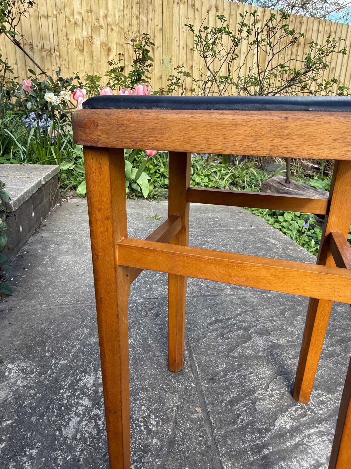 photo for sale Mid Century Wooden Stool With Black Vinyl Seat – Retro Occasional Stool 1960s