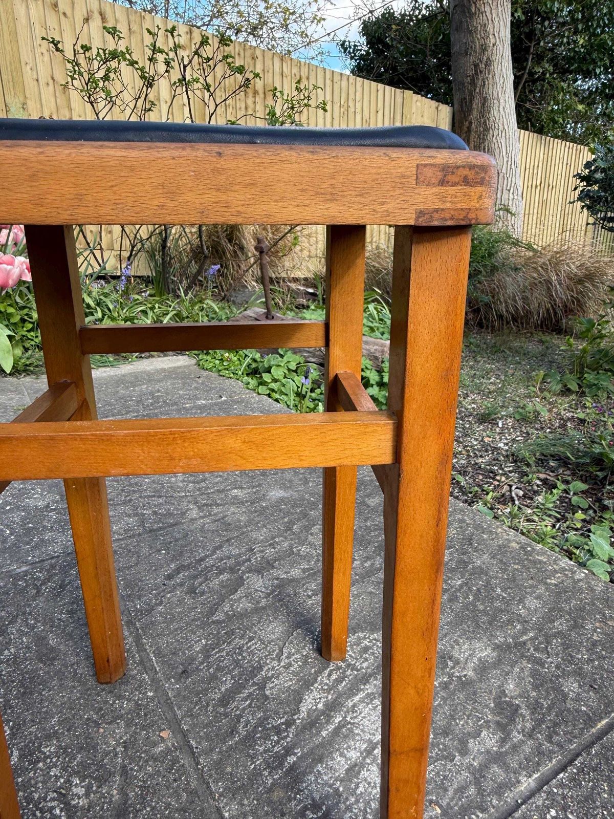 Furniture Mid Century Wooden Stool With Black Vinyl Seat – Retro Occasional Stool 1960s photo