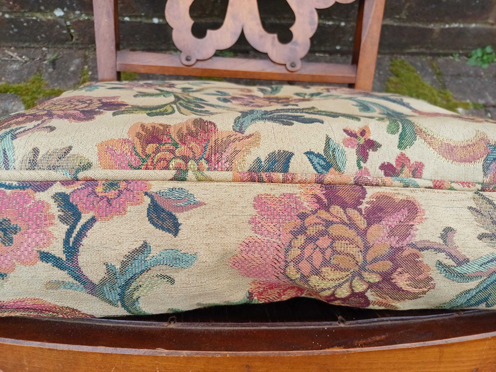 Antique Arts And Crafts Style Beech Occasional Chair Fretwork Back Bentwood Arms Floral Cushion Vintage Armchair Seat. photo for sale