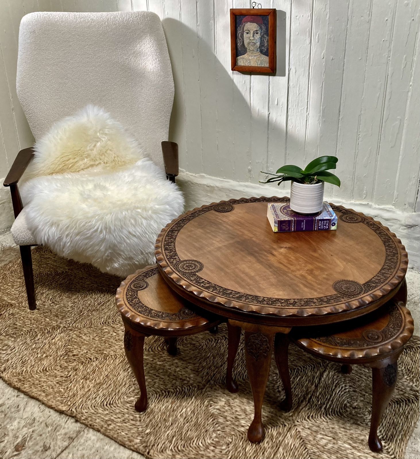 Mid Century Modern Danish Wooden Framed Armchair, Re Upholstered In A Cream Mohair. Circa 1950's. photo for sale