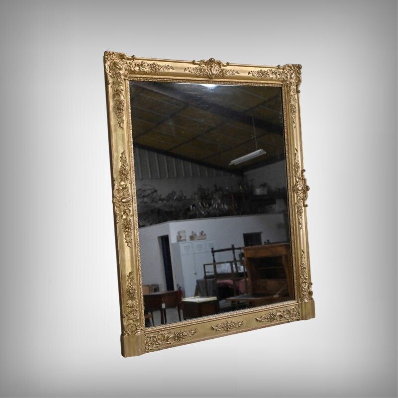 Important Gilded Wood Mirror, Restoration Style – 19th Century photo furniture